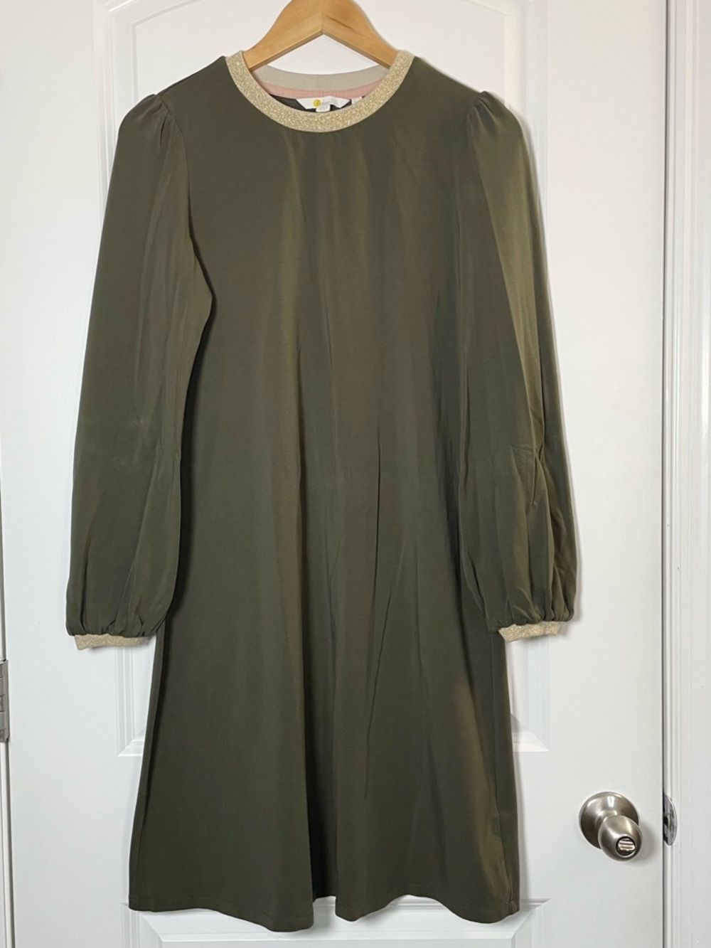 Boden Olive Green Dress US 6 Long Sleeve Gold Trim A-Line Mini - Picture 2 of 11